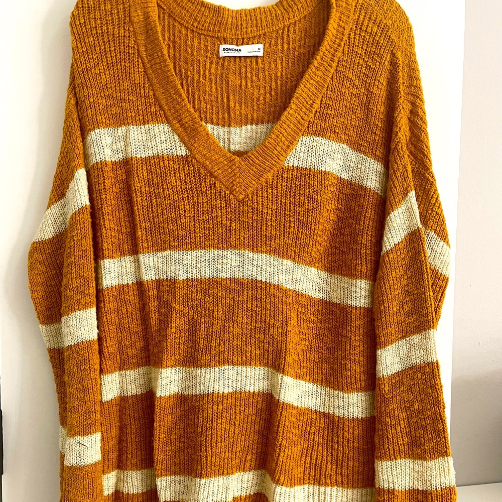 sonoma mustard striped v neck sweater